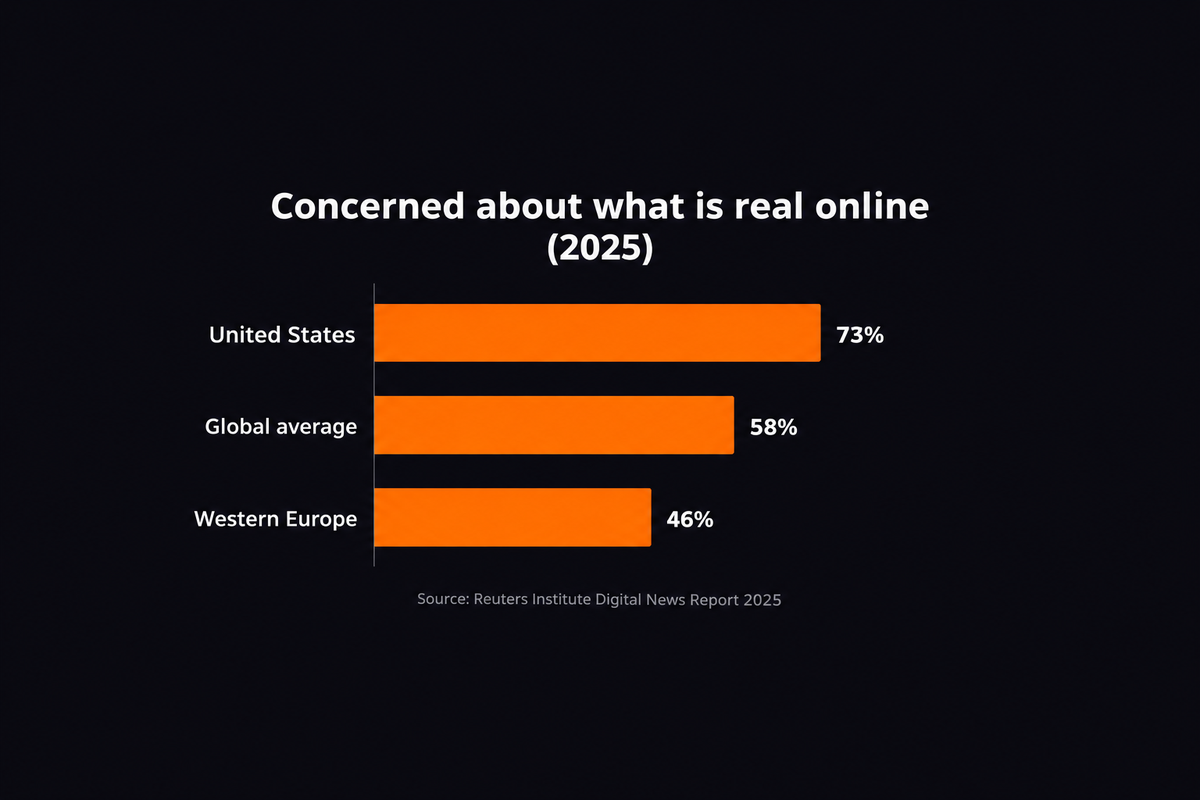 Bar chart: share of people concerned about what is real and fake online in 2025 - United States 73%, global average 58%, Western Europe 46% (Reuters Institute Digital News Report 2025)
